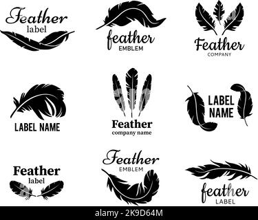 Federemblem. Weiches Plume-Label, Vogelflügel Federn Silhouette mit Textvorlage und Gesetz Unternehmen Abzeichen Vektor-Set Stock Vektor