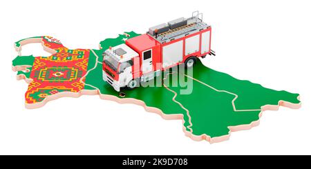Feuerwehr in Turkmenistan. Feuerwehrauto auf der turkmenischen Karte. 3D Darstellung isoliert auf weißem Hintergrund Stockfoto