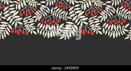 Weihnachten Monochrom Linolschnitt Rowan Tree Laub und Beeren Vektor nahtlose horizontale Muster Grenze Stock Vektor