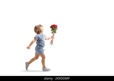 Ganzkörperaufnahme eines kleinen Mädchens, das mit roten Rosen in der Hand auf weißem Hintergrund läuft Stockfoto