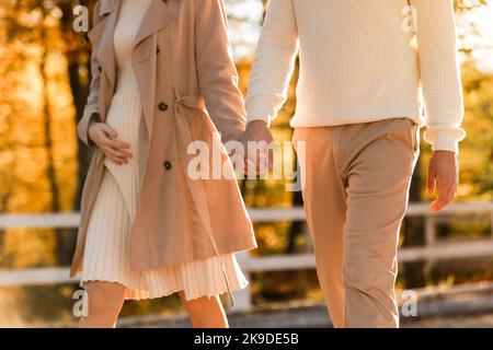 Zugeschnittenes Foto von Paar, Mann und Schwangere halten sich die Hände und gehen bei Sonnenuntergang im Herbstpark spazieren. Glückliche Familie, die die Schwangerschaft in der Natur genießt. Das Konzept des Muttertages und des Frauentags Stockfoto