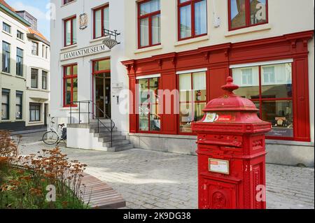 Brügge (Brügge) in Flandern, Belgien und das Diamantenmuseum im Herzen der historischen Stadt. Stockfoto