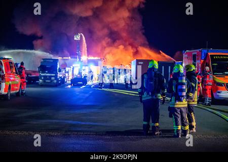 Bads Oeynhausen, Deutschland. 28. Oktober 2022. Über einer Halle für gefährliche Abfälle eines Abfallwirtschaftsunternehmens ist eine große Rauchwolke zu sehen. (To dpa 'gefährliche Abfallhalle in Bad Oeynhausen in Flammen') Quelle: Lino Mirgeler/dpa/Alamy Live News Stockfoto