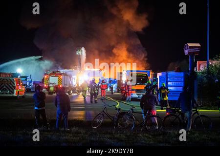 Bad Oeynhausen, Deutschland. 28. Oktober 2022. Über einer Halle für gefährliche Abfälle eines Entsorgungsunternehmens ist eine große Rauchwolke zu sehen. Zuschauer stehen im Vordergrund. Quelle: Lino Mirgeler/dpa/Alamy Live News Stockfoto