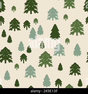 Tannenbaum Wald nahtloses Muster. Fichten, immergrüne Wälder, Naturdesign. Winterweihnachtsferien. Flache Weihnachtsbaum Muster Hintergrund. Stockfoto