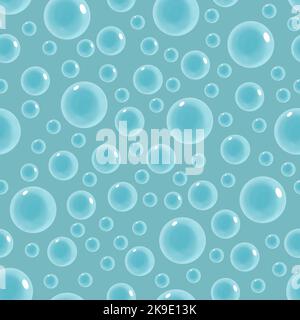Nahtloses Muster mit großen und kleinen transparenten isolierten Blasen auf blauem Hintergrund. Flecken und Luftkreise im Wasser. Ideal für Stoffdruck. Stockfoto