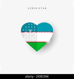 Usbekistan herzförmige Flagge. Origami-Papier geschnitten usbekischen nationalen Banner. 3D Abbildung isoliert auf Weiß mit weichem Schatten. Stockfoto