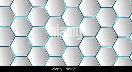 Weißer 3D sechseckiger Technologie abstrakter Hintergrund. Blaue helle Energie blinkt unter Sechseck Hintergrund, White Wabenstruktur Gitter, Vektor Stock Vektor