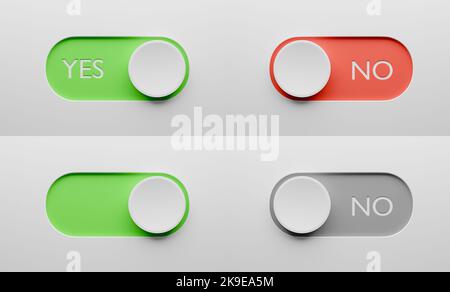 JA und KEINE Kippschalter-Tasten eingestellt. Switch-Design für App oder Website. 3D Rendern. Stockfoto