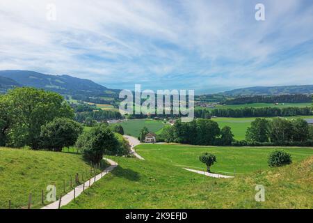 Schweiz, allgemeine Ansicht der La-Tour-de-Treme von der Terrasse der Gruyeres schloss, Region Gruyères Stockfoto