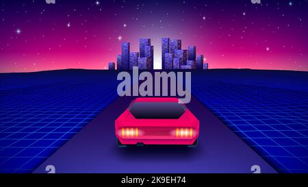 Neon-Auto in 80s Synthwave-Stil Rennen in die Stadt. RetroWave Auto Illustration mit glänzenden Neon-Auto auf der Grid-Landschaft Straße in 90s Arcade-Spiel Stock Vektor