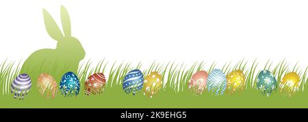 Ostern Vektor Hintergrund Illustration mit grasbewachsenen Feld, eine Easter Bunny Silhouette, und bunte Eier isoliert auf Einem weißen Hintergrund. Stock Vektor