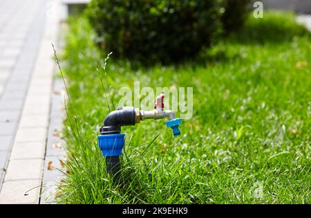 Wasserhahn in einem Park, um den Wasserschlauch darauf einzustellen, um das grüne Gras im öffentlichen Park zu hydratisieren. Chrom Wasserhahn in Natur Hintergrund Stockfoto