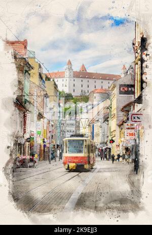 Alte rote Straßenbahn vor der Burg Bratislava in der Slowakei im Aquarell-Stil Stockfoto