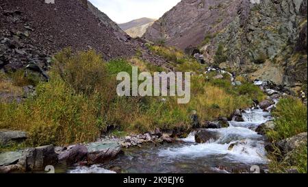 Kleiner Wasserfall zu Too-Ashuu Pass und Kara Balta Fluss und das Tal an Chuy Region Kirgisistan Stockfoto