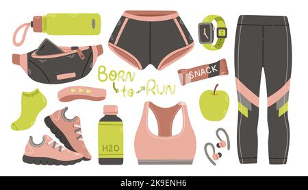 Laufausrüstung Für Damen. Laufzubehör für Frauen. Fitness-Set. Sportbekleidung, Sportuhr, Laufschuhe Stock Vektor