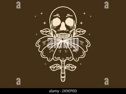 Vintage Art Illustration Design eines Schädels auf der Blume Stock Vektor