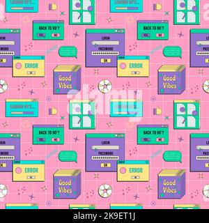 Vaporwave UI und UX Elemente nahtloses Muster. PC-Retro-Spielrahmen. Nostalgischer Stil 70s, 80s, 90s Stock Vektor