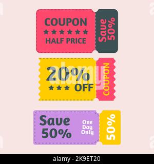 Satz Rabattcoupons. Gutschein-Aktionscode. Rabatt auf Cashback-Coupons Stock Vektor