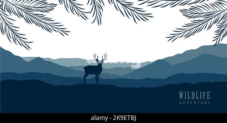 Wildtiere Hirsche im Wald mit Blick auf die Berge blaue Naturlandschaft Stock Vektor