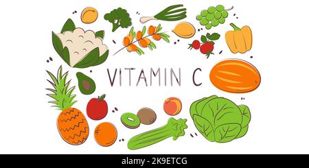 Vitamin C Ascorbinsäure. Gruppen von gesunden Lebensmitteln, die Vitamine enthalten. Set aus Obst, Gemüse, Fleisch, Fisch und Milchprodukten. Stock Vektor