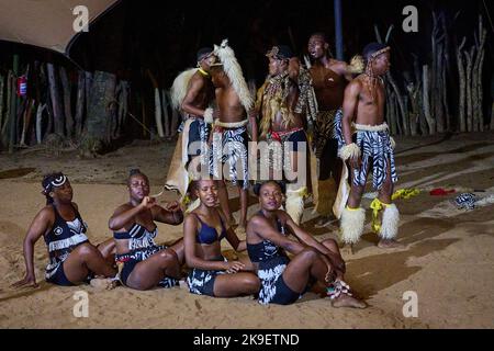 Die Shangaan-Gesangs- und Tanzvorstellung für Touristen, die in Hippo Hollow in der Provinz Mpumalanga übernachten Stockfoto