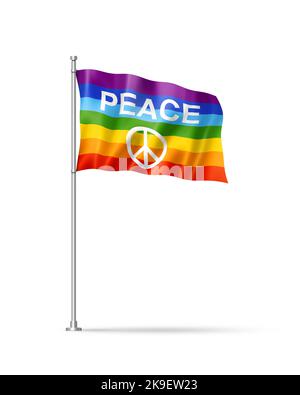 Regenbogen Friedensflagge, 3D Abbildung, isoliert auf Weiß Stockfoto