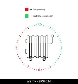 Lineares Symbol für elektrische Heizkörper zum Heizen, Energiesparen. Infografik-Vektorsymbol auf Weiß isoliert Stock Vektor