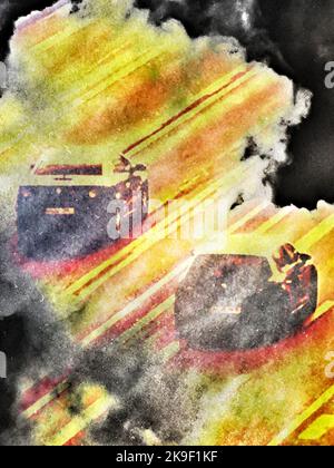 Zwei Autos, die im Nebel auf der Straße rasten. Stockfoto