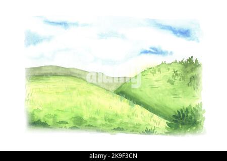 Landschaft mit grünen Hügeln. Aquarelldarstellung. Isoliert auf weißem Hintergrund mit unscharfen Kanten. Für die Verpackung von Milchprodukten für Ihr Design Stockfoto