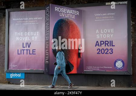 Unter einer Eisenbahnbrücke an der Loughborough Junction im Süden Londons befindet sich eine Plakatwand, auf der Liv Little für seinen Debütroman „Rosewater“ wirbt, der 2023 von Dialogue Books am 27.. Oktober 2022 in London, England, veröffentlicht wurde. Liv Little ist jamaikanisch-guyanesischer Abstammung. Nachdem sie von der mangelnden Vielfalt an ihrer Universität frustriert war, gründete sie „gal-dem“, ein unabhängiges Online- und Print-Magazin, das von Frauen mit Farbe und nicht-binären Menschen mit Farbe produziert wurde. Stockfoto