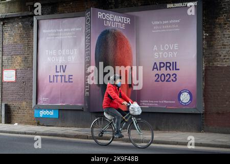 Unter einer Eisenbahnbrücke an der Loughborough Junction im Süden Londons befindet sich eine Plakatwand, auf der Liv Little für seinen Debütroman „Rosewater“ wirbt, der 2023 von Dialogue Books am 27.. Oktober 2022 in London, England, veröffentlicht wurde. Liv Little ist jamaikanisch-guyanesischer Abstammung. Nachdem sie von der mangelnden Vielfalt an ihrer Universität frustriert war, gründete sie „gal-dem“, ein unabhängiges Online- und Print-Magazin, das von Frauen mit Farbe und nicht-binären Menschen mit Farbe produziert wurde. Stockfoto