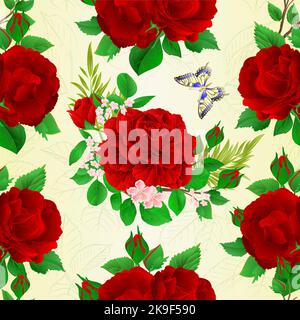 Nahtlose Textur Bouquet von roten Rosen und Rosenknospen und Schmetterling festlich botanischen Hintergrund vintage Vektor Illustration editierbar Handzeichnen Stock Vektor