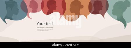 Sprechblase.Silhouette leitet verschiedene Menschen in profile.talking Dialog und inform.Communicate zwischen einer Gruppe von multikulturellen Menschen, die talk.Team Stock Vektor