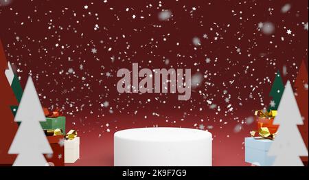 Weihnachtliche Hintergrundszene mit Tannenbäumen, Schnee, Produktpodium und Geschenkschachteln, 3D Rendering. Neujahr präsentiert, roten Winter Hintergrund und Text Raum Stockfoto