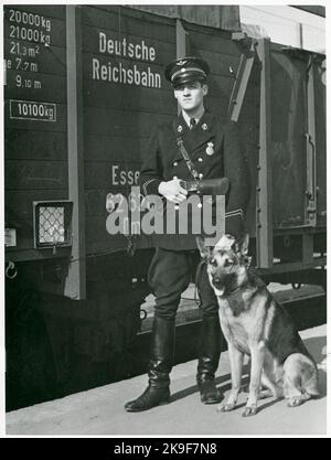 Schwedische Bahnpolizei mit einem Schäferhund vor einem deutschen Militärzug auf dem Weg nach Norwegen während des Zweiten Weltkriegs. Hier am Hauptbahnhof von Östersund. Stockfoto