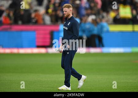 Der englische Ben Stokes vor dem WM-Super-12-Spiel T20 auf dem Melbourne Cricket Ground in Melbourne, Australien. Bilddatum: Freitag, 28. Oktober 2022. Stockfoto