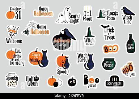 Halloween Aufkleber Set Illustration mit schwarzer Katze, Kürbisse, Geister, Spinnennetz Stock Vektor