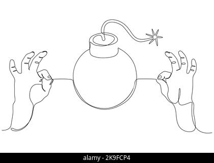 Eine durchgehende Linie aus zwei Händen, die eine Schnur mit Bombenwort hält. Vektor-Konzept der dünnen Linie Illustration. Konturzeichnen Kreative Ideen. Stock Vektor