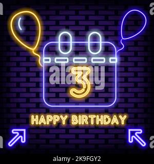 Alles gute zum 3.. Geburtstag Neon Schilder. Neon-Skript. Neon-Text. Stock Vektor