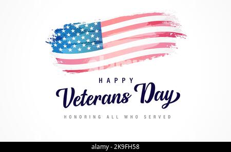 Happy Veterans Day Schriftzug und Aquarellflagge. Grußkarte zu Ehren aller, die mit Flagge USA und Text gedient haben. Vektorgrafik Stock Vektor