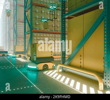 Ein Konzept für ein futuristisches Logistiklager mit automatisierten fliegenden und fahrenden Roboter-Drohnen mit neonbeleuchteten Lichtern - 3D rende Stockfoto