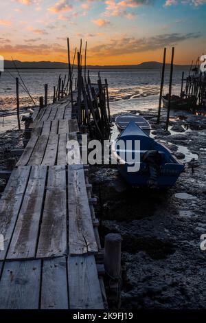 Ansicht der alten palaphitischen Holzdocks in Carrasqueira, Portugal. Stockfoto