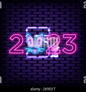 2023 Frohes Neues Jahr und Frohe Weihnachten Neon-Schilder. Neon-Skript. Leuchtreklame. Stock Vektor