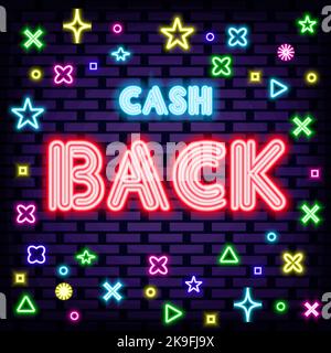 Cash Back Badge im Neon-Stil. Leuchtet mit buntem Neonlicht. Leuchtreklame. Stock Vektor