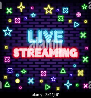 Live Streaming Neon-Schilder. Auf Backsteinwand Hintergrund. Leuchtreklame. Stock Vektor