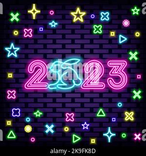 2023 Frohes Neues Jahr und Frohes Weihnachtsabzeichen im Neon-Stil. Neon-Skript. Neon-Text. Stock Vektor