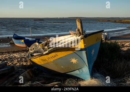 Blick auf alte hölzerne Fischerboote in der Nähe von palaphitischen Docks in Carrasqueira, Portugal. Stockfoto