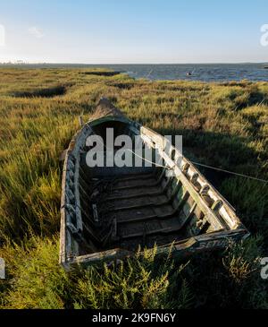 Blick auf alte hölzerne Fischerboote in der Nähe von palaphitischen Docks in Carrasqueira, Portugal. Stockfoto