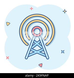 Antennenturm-Ikone im Comic-Stil. Broadcasting Cartoon Vektor-Illustration auf weißem Hintergrund isoliert. Business-Konzept mit WiFi-Splash-Effekt. Stock Vektor